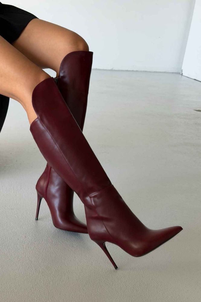 Oriksi İnce Topuk 10 Cm Bordo Mat Çizme resmi