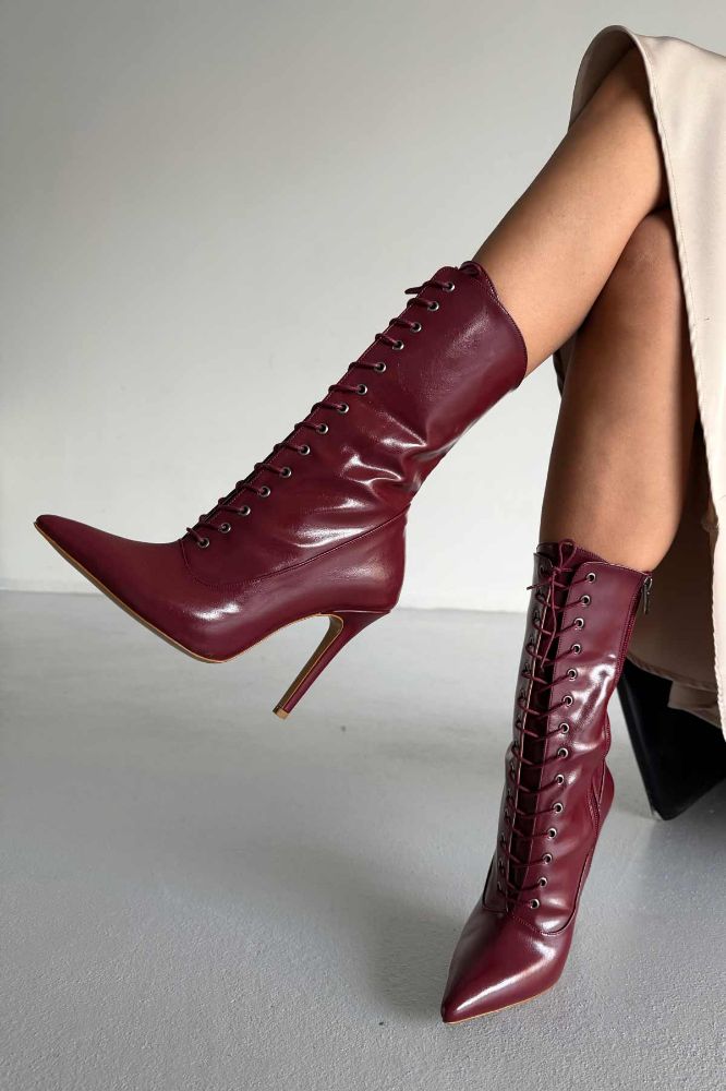 Nemesis Bağcıklı İnce Topuk 10 Cm Bordo Kırışık Rugan Bot resmi