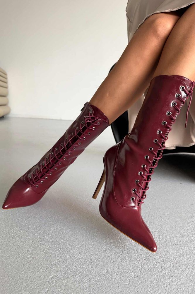 Nemesis Bağcıklı İnce Topuk 10 Cm Bordo Kırışık Rugan Bot resmi
