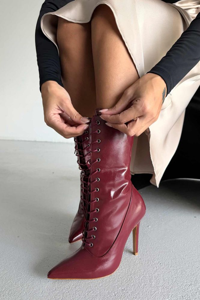 Nemesis Bağcıklı İnce Topuk 10 Cm Bordo Kırışık Rugan Bot resmi