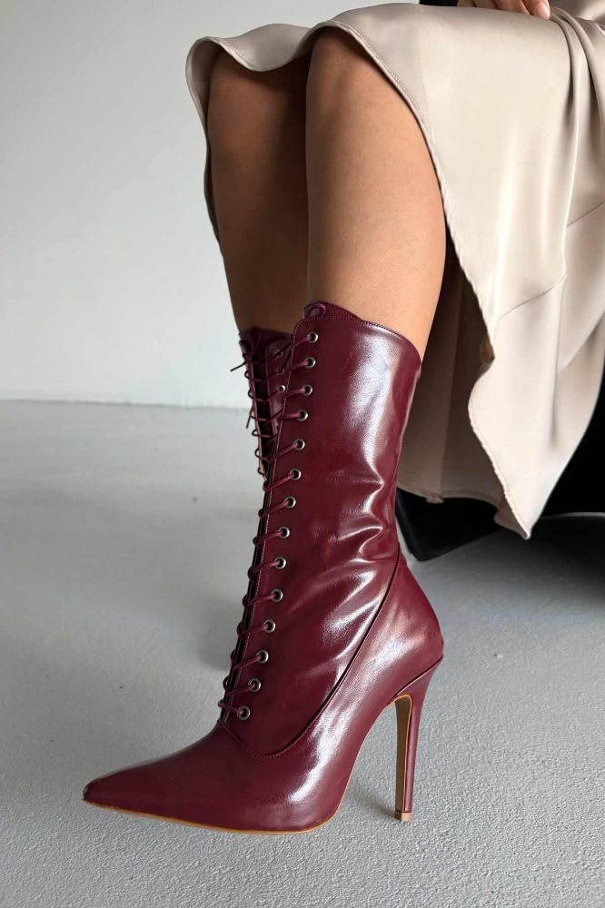 Nemesis Bağcıklı İnce Topuk 10 Cm Bordo Kırışık Rugan Bot resmi