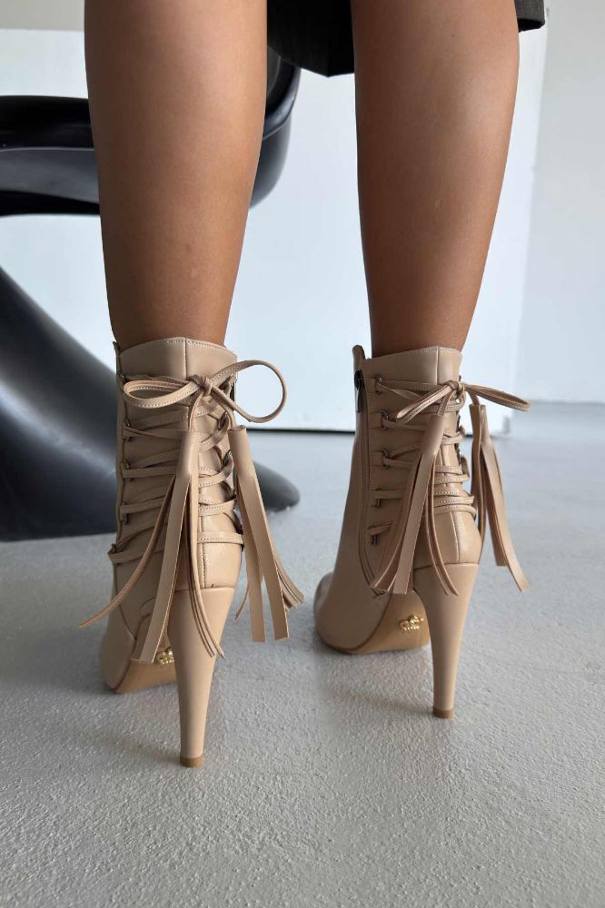 Tressed Bağcık Detaylı İnce Topuk 10 Cm Nude Mat Bot resmi