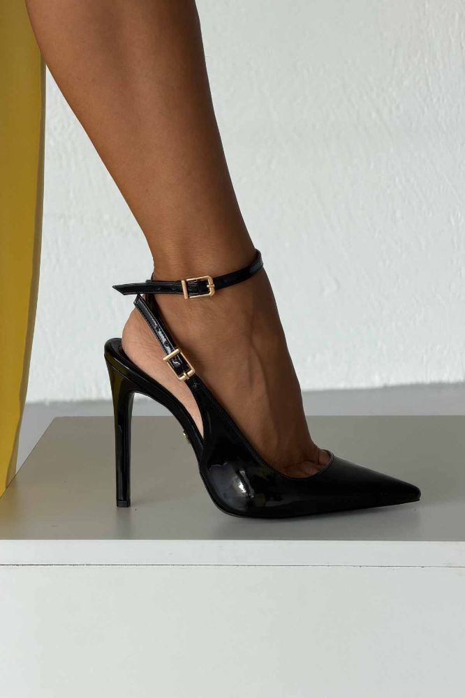 Zion Toka Detaylı İnce Topuk 12 Cm Siyah Rugan Stiletto resmi