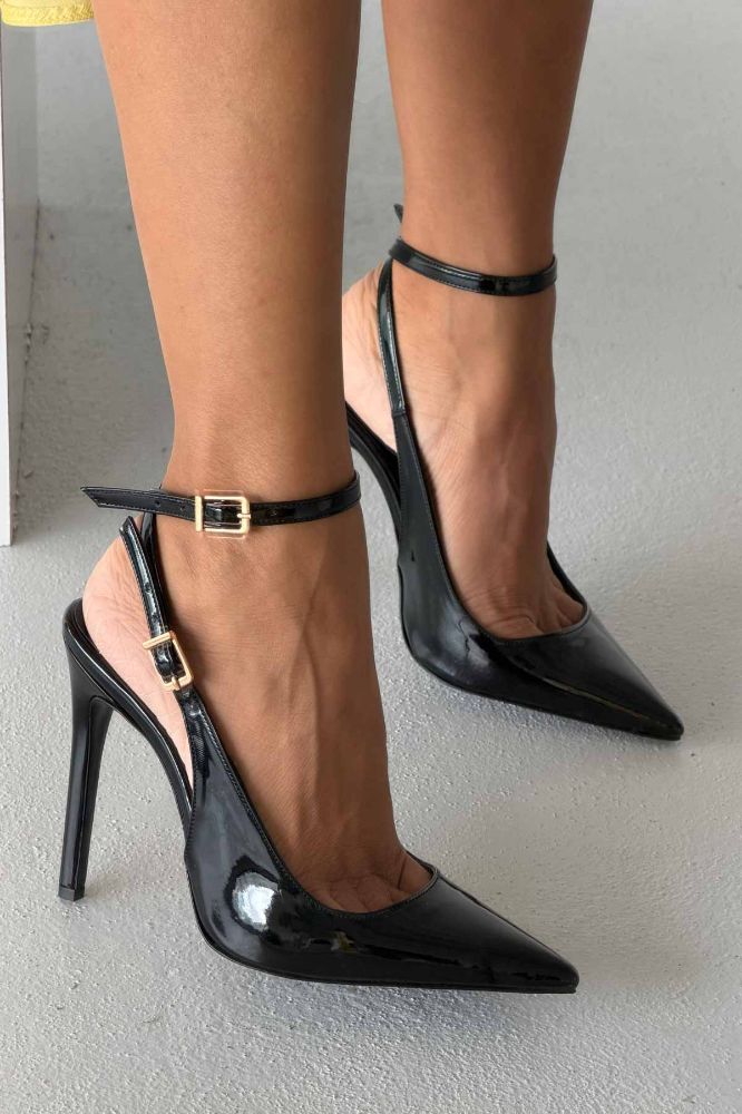 Zion Toka Detaylı İnce Topuk 12 Cm Siyah Rugan Stiletto resmi