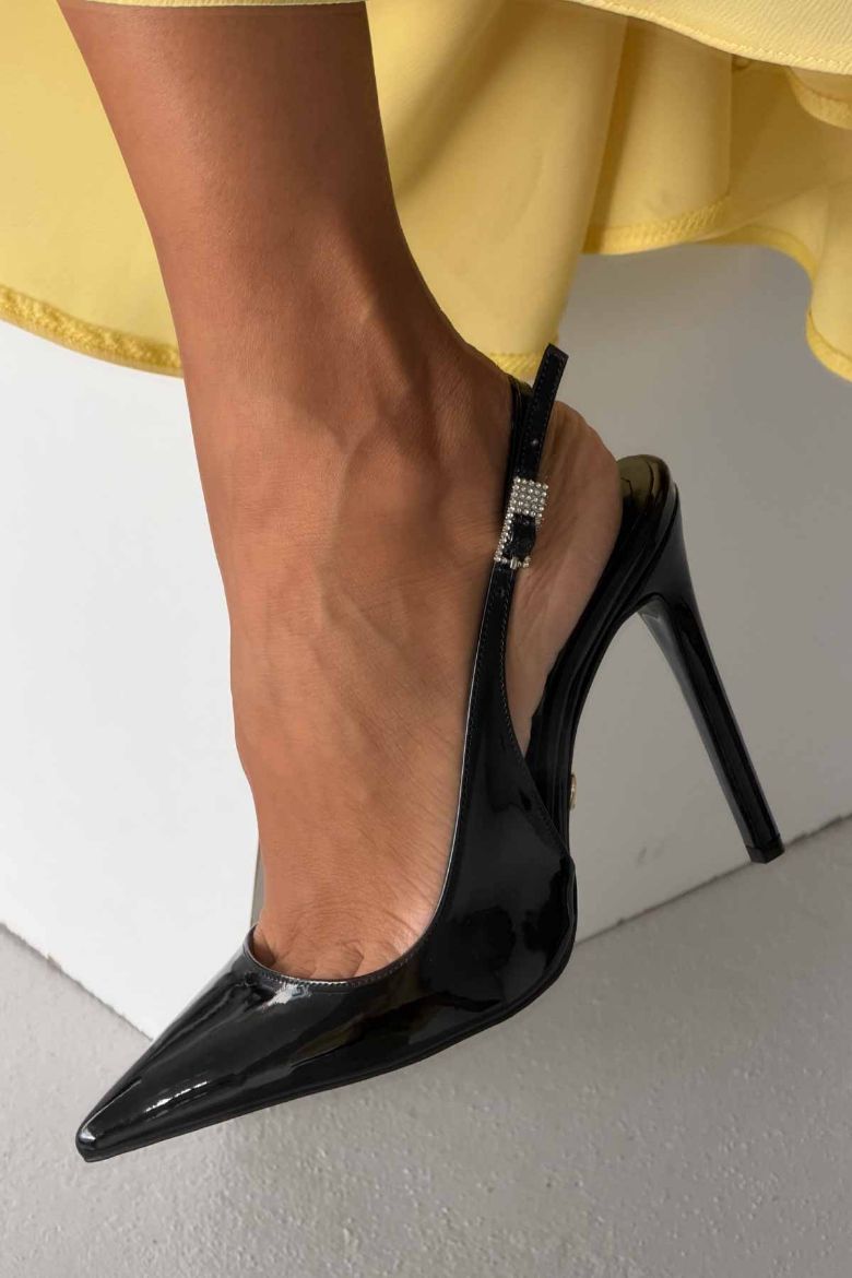 Awed Taşlı Toka Detaylı İnce Topuk 12 Cm Siyah Rugan Stiletto resmi