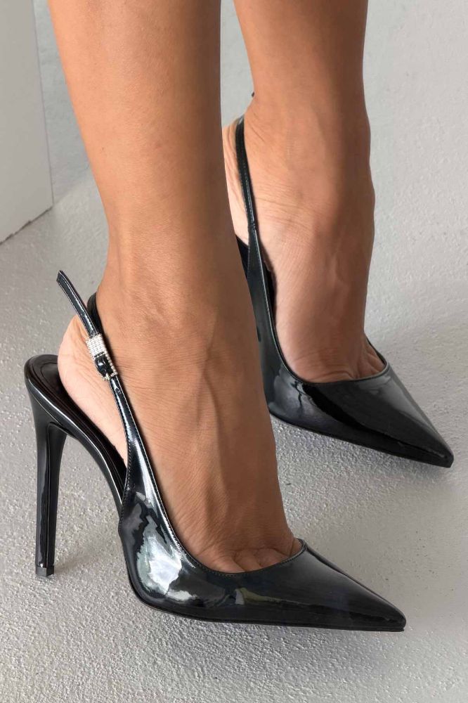 Awed Taşlı Toka Detaylı İnce Topuk 12 Cm Siyah Rugan Stiletto resmi