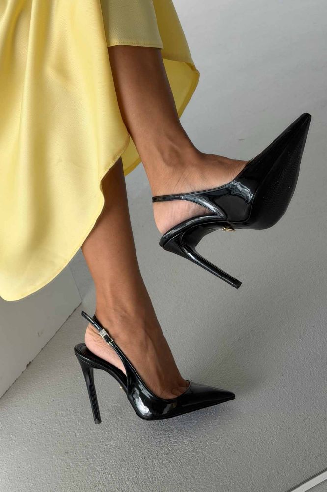 Awed Taşlı Toka Detaylı İnce Topuk 12 Cm Siyah Rugan Stiletto resmi