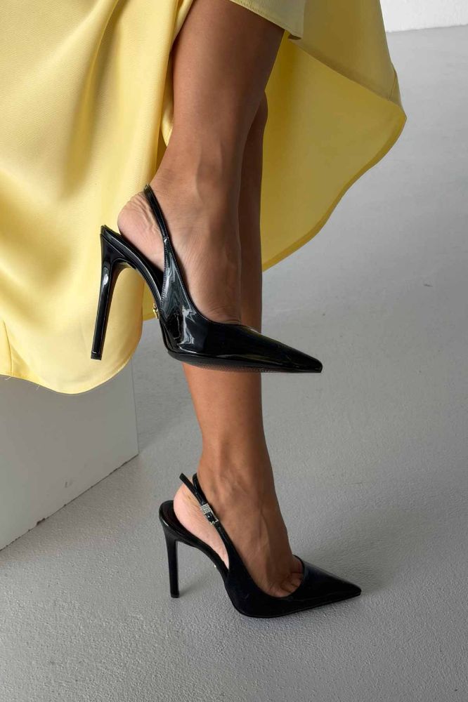 Awed Taşlı Toka Detaylı İnce Topuk 12 Cm Siyah Rugan Stiletto resmi