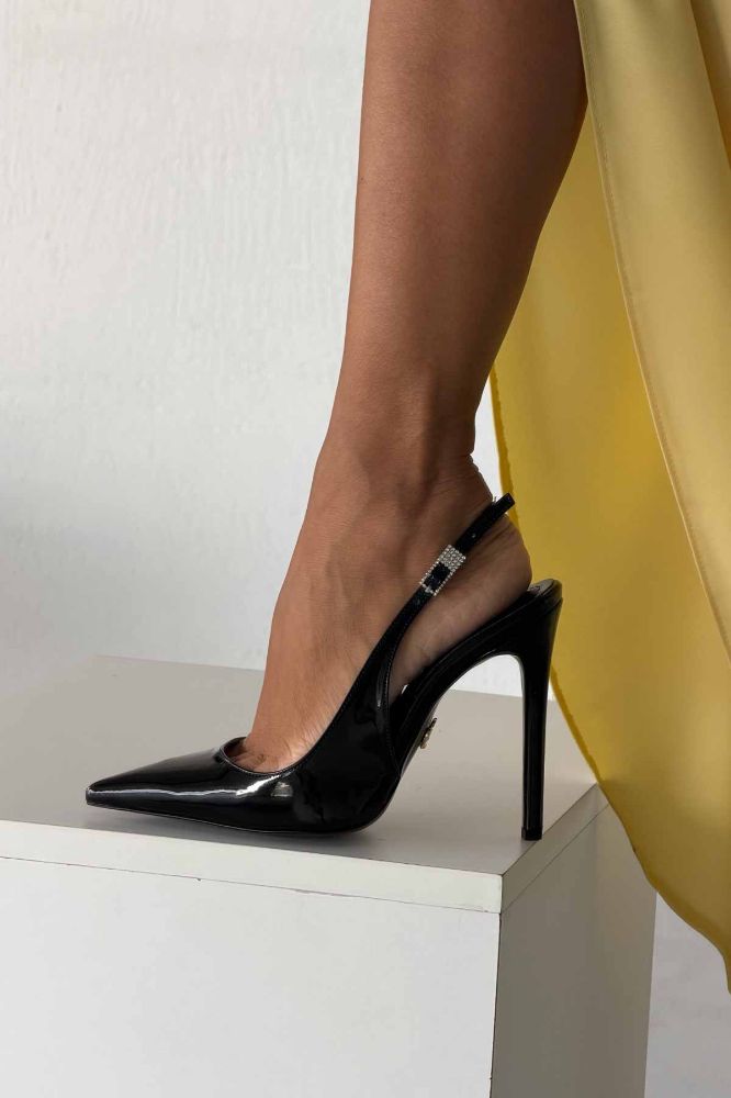 Awed Taşlı Toka Detaylı İnce Topuk 12 Cm Siyah Rugan Stiletto resmi