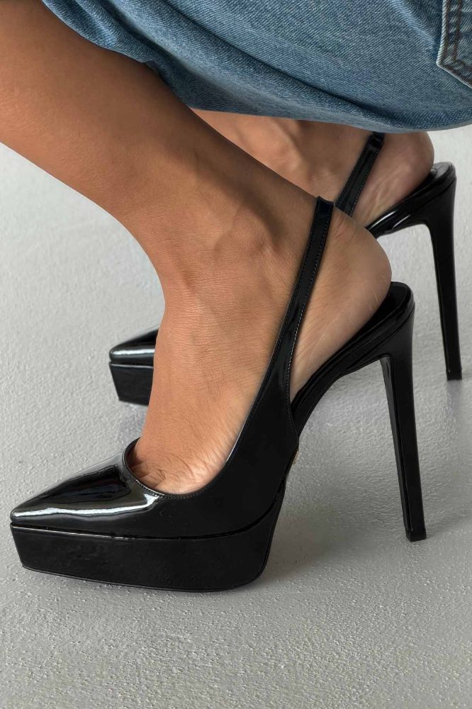 Flex İnce Topuk 13 Cm Siyah Rugan Platform resmi