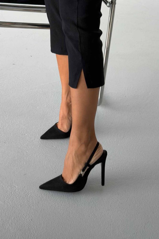 Waft Toka Detaylı İnce Topuk 12 Cm Siyah Mat Saten Stiletto resmi