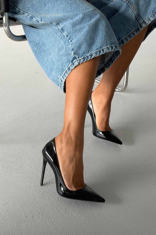 Opra İnce Topuk 12 Cm Siyah Rugan Stiletto resmi