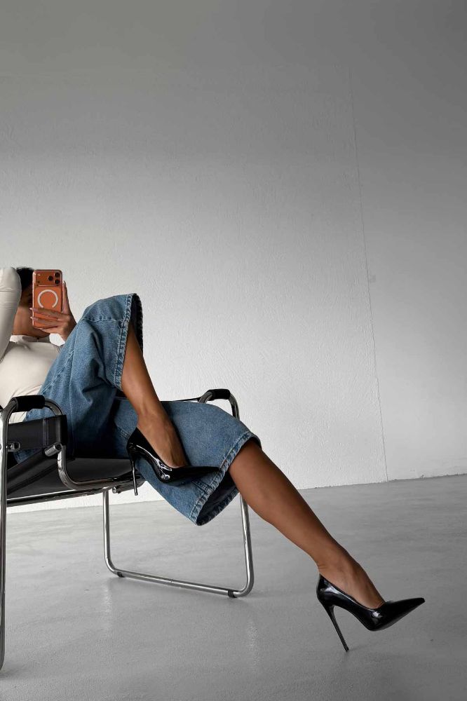 Opra İnce Topuk 12 Cm Siyah Rugan Stiletto resmi