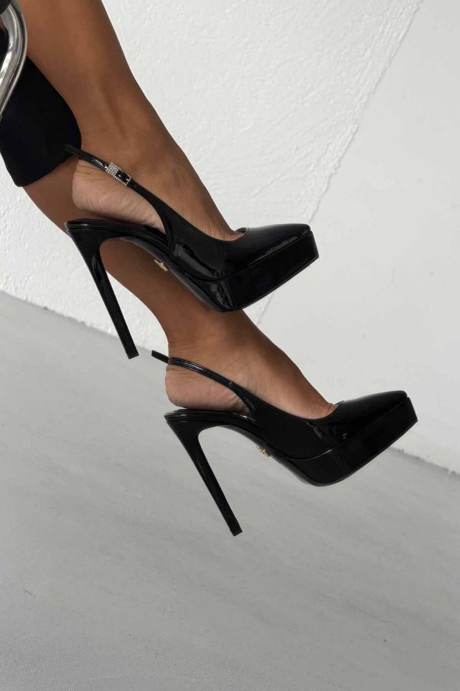 Dovie Taşlı Toka Detaylı İnce Topuk 13 Cm Siyah Rugan Platform resmi