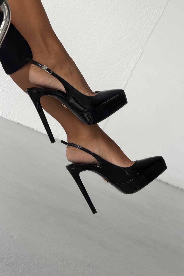 Dovie Taşlı Toka Detaylı İnce Topuk 13 Cm Siyah Rugan Platform resmi