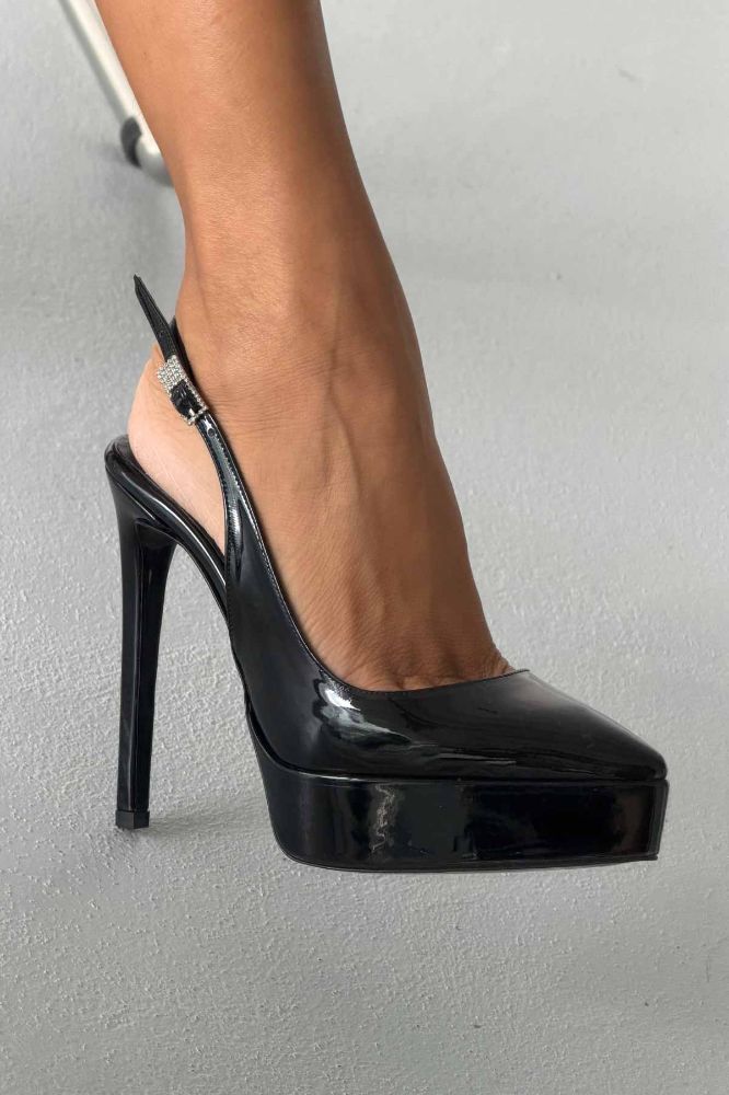 Dovie Taşlı Toka Detaylı İnce Topuk 13 Cm Siyah Rugan Platform resmi