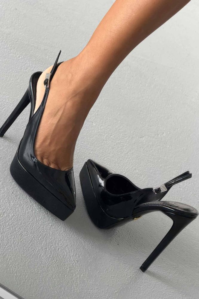 Dovie Taşlı Toka Detaylı İnce Topuk 13 Cm Siyah Rugan Platform resmi