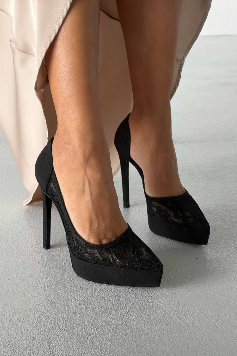 Rex İnce Topuk 13 Cm Siyah Dantelli Platform resmi