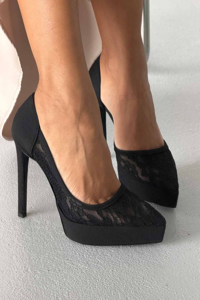 Rex İnce Topuk 13 Cm Siyah Dantelli Platform resmi