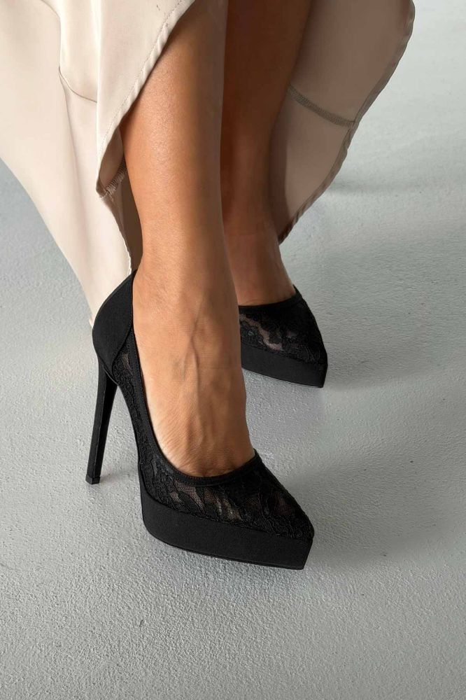 Rex İnce Topuk 13 Cm Siyah Dantelli Platform resmi