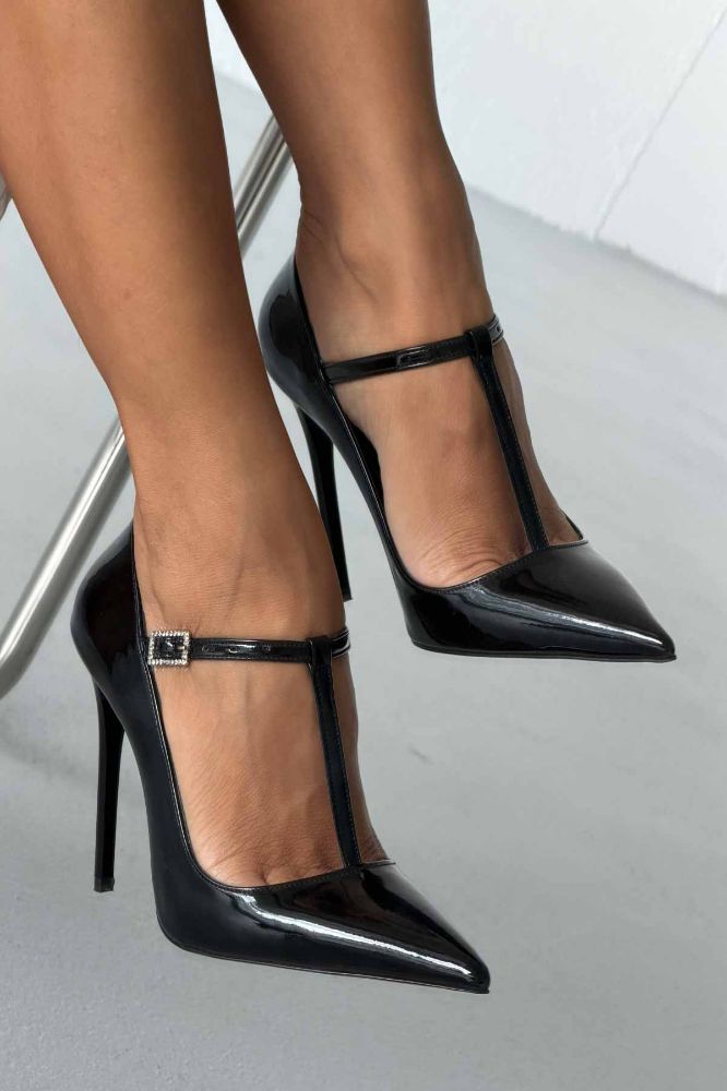 Wren Taşlı Toka Detaylı İnce Topuk 12 Cm Siyah Rugan Stiletto resmi