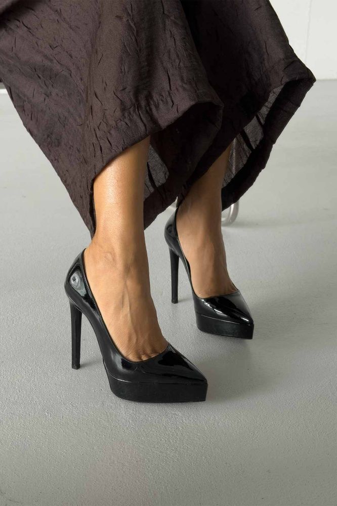 Coax İnce Topuk 13 Cm Siyah Rugan Platform resmi