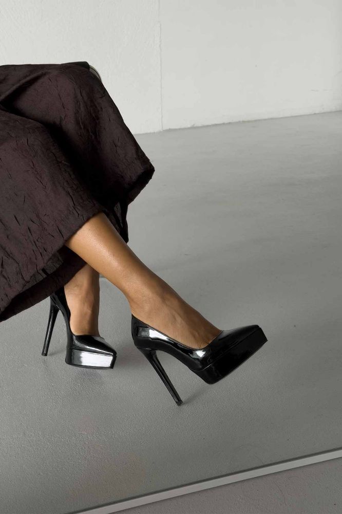 Coax İnce Topuk 13 Cm Siyah Rugan Platform resmi