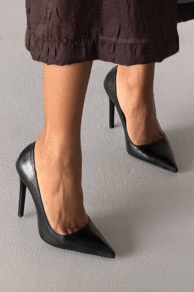 Fia İnce Topuk 12 Cm Siyah Yılan Desenli Stiletto resmi