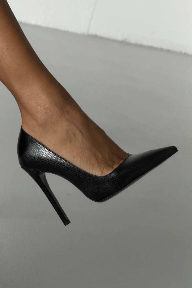 Fia İnce Topuk 12 Cm Siyah Yılan Desenli Stiletto resmi