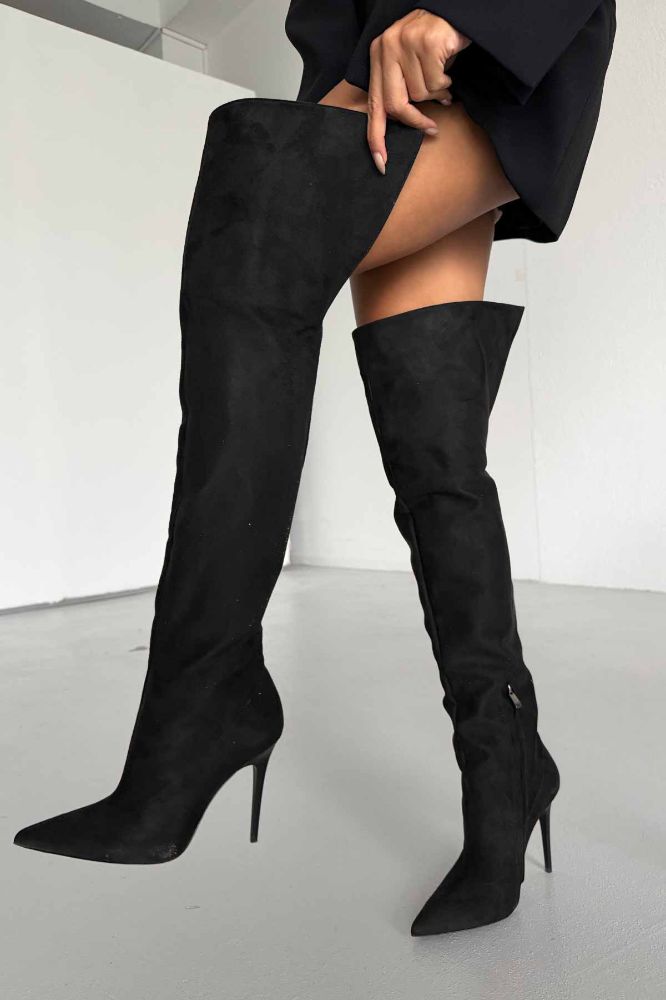 Paint Diz Üstü İnce Topuk 10 Cm Siyah Süet Çizme resmi