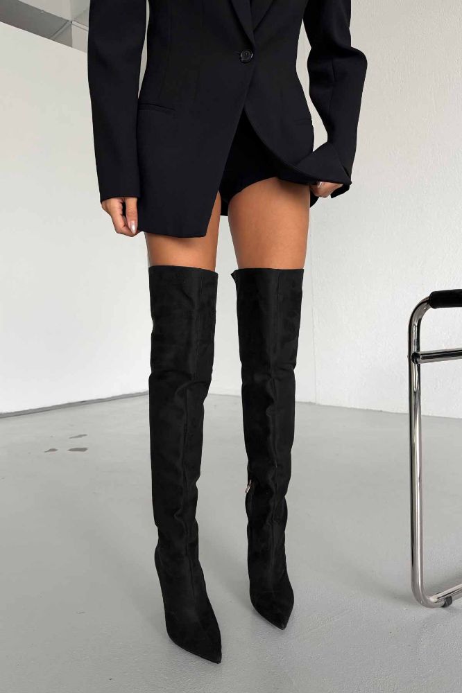 Paint Diz Üstü İnce Topuk 10 Cm Siyah Süet Çizme resmi