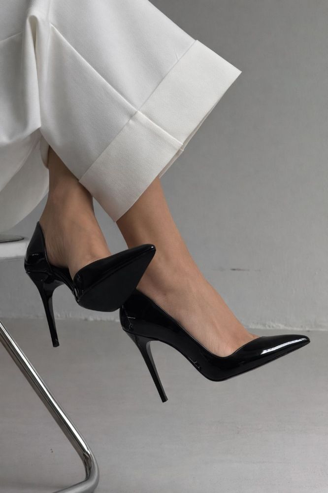 Swag İnce Topuk 10 Cm Siyah Rugan Stiletto resmi