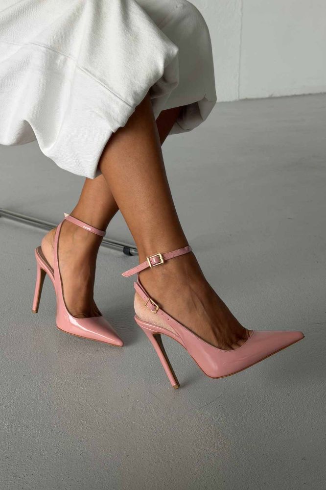 Zion Toka Detaylı İnce Topuk 12 Cm Pudra Rugan Stiletto resmi