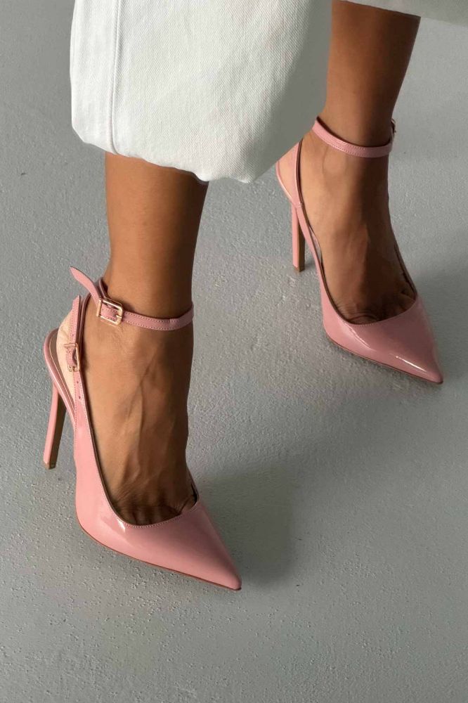 Zion Toka Detaylı İnce Topuk 12 Cm Pudra Rugan Stiletto resmi