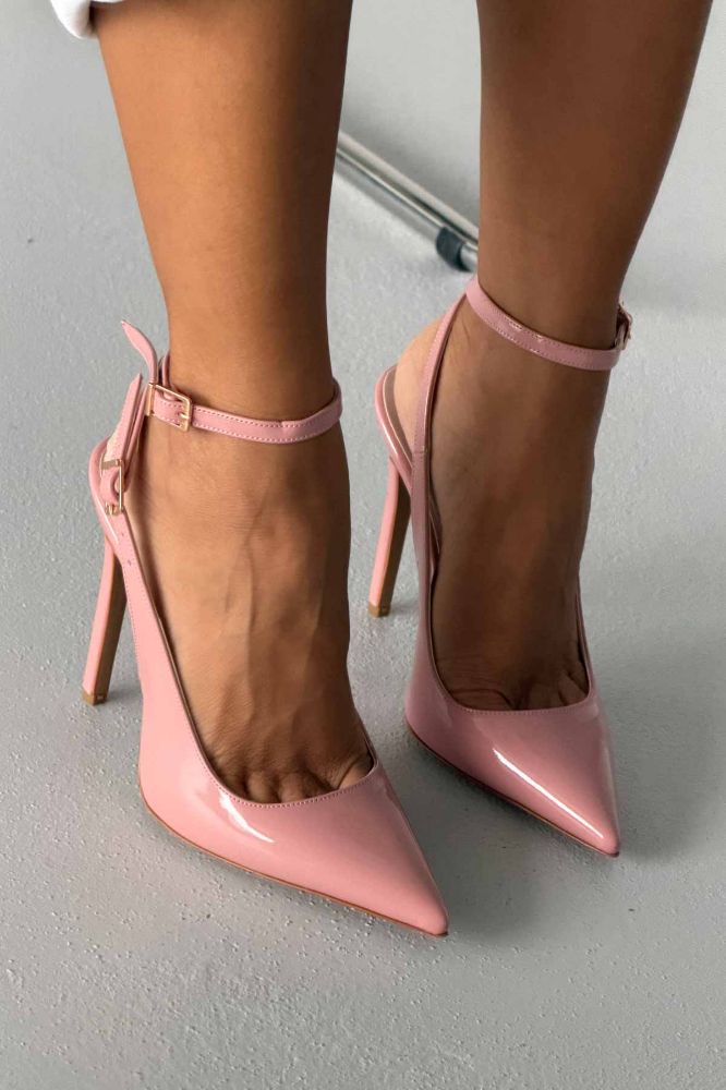 Zion Toka Detaylı İnce Topuk 12 Cm Pudra Rugan Stiletto resmi