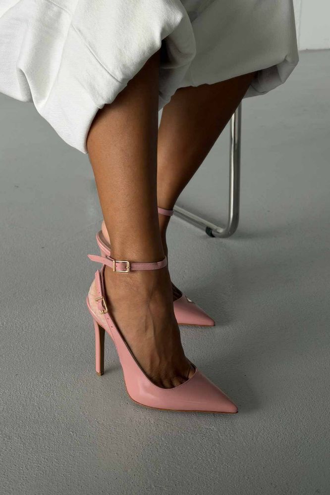 Zion Toka Detaylı İnce Topuk 12 Cm Pudra Rugan Stiletto resmi