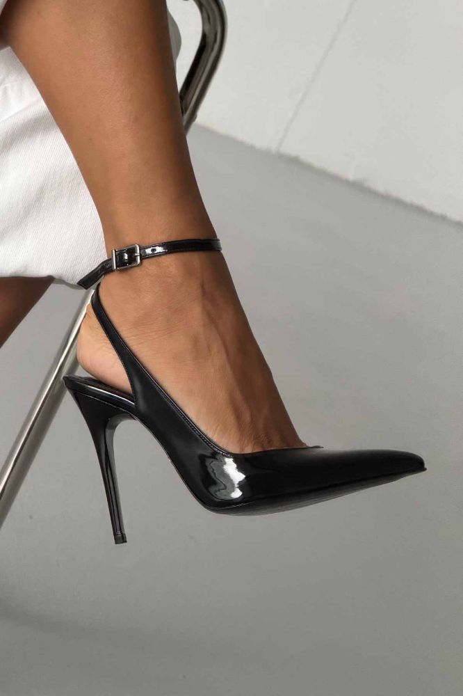 Gina Bilekten Bantlı İnce Topuk 10 Cm Siyah Rugan Stiletto resmi