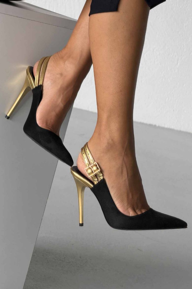 Filmy İnce Topuk 10 Cm Siyah Gold Stiletto resmi