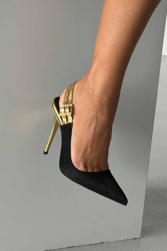 Filmy İnce Topuk 10 Cm Siyah Gold Stiletto resmi
