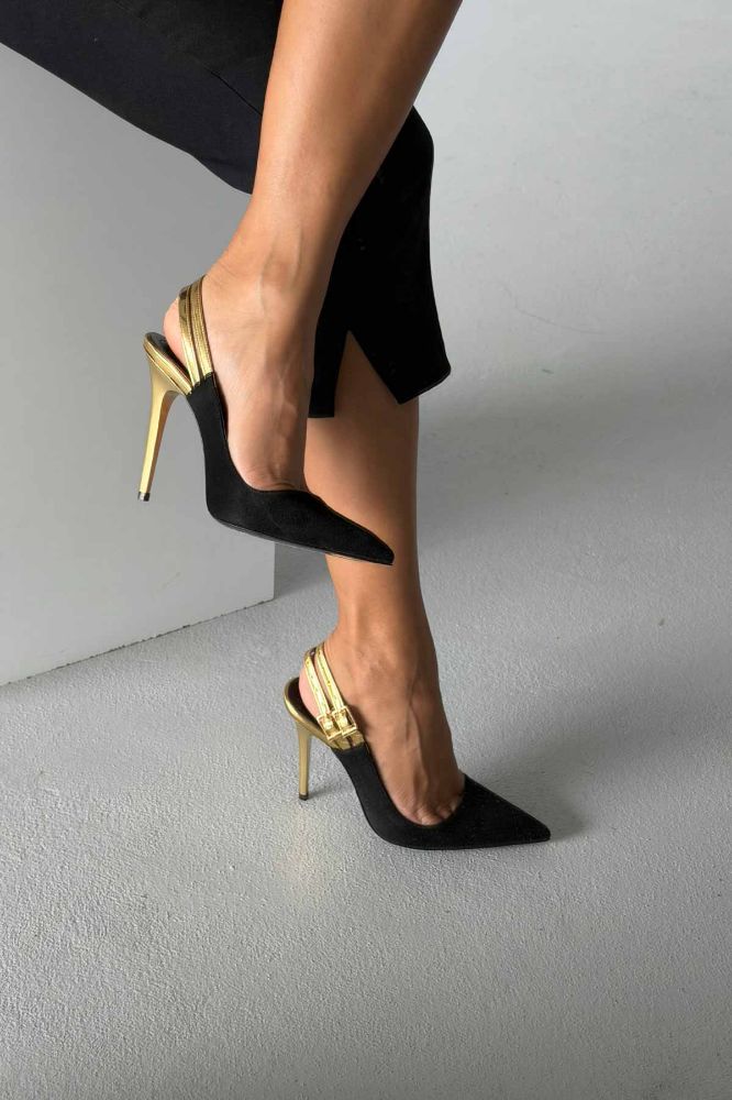 Filmy İnce Topuk 10 Cm Siyah Gold Stiletto resmi
