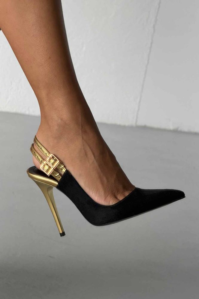 Filmy İnce Topuk 10 Cm Siyah Gold Stiletto resmi