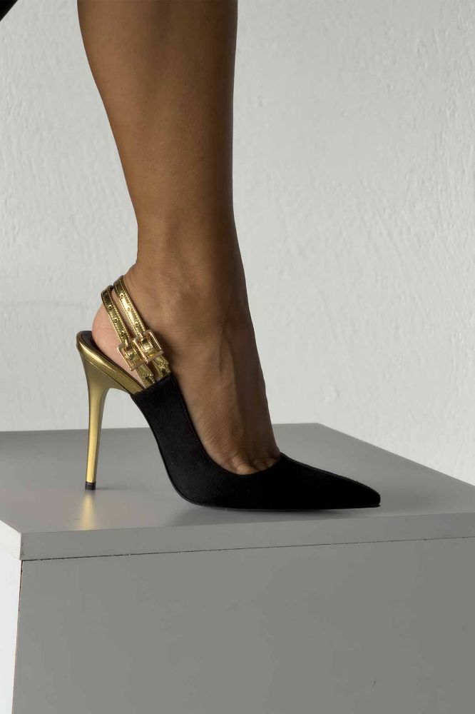 Filmy İnce Topuk 10 Cm Siyah Gold Stiletto resmi