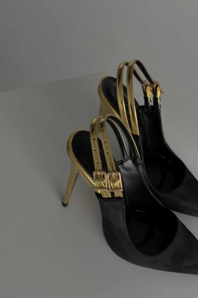 Filmy İnce Topuk 10 Cm Siyah Gold Stiletto resmi