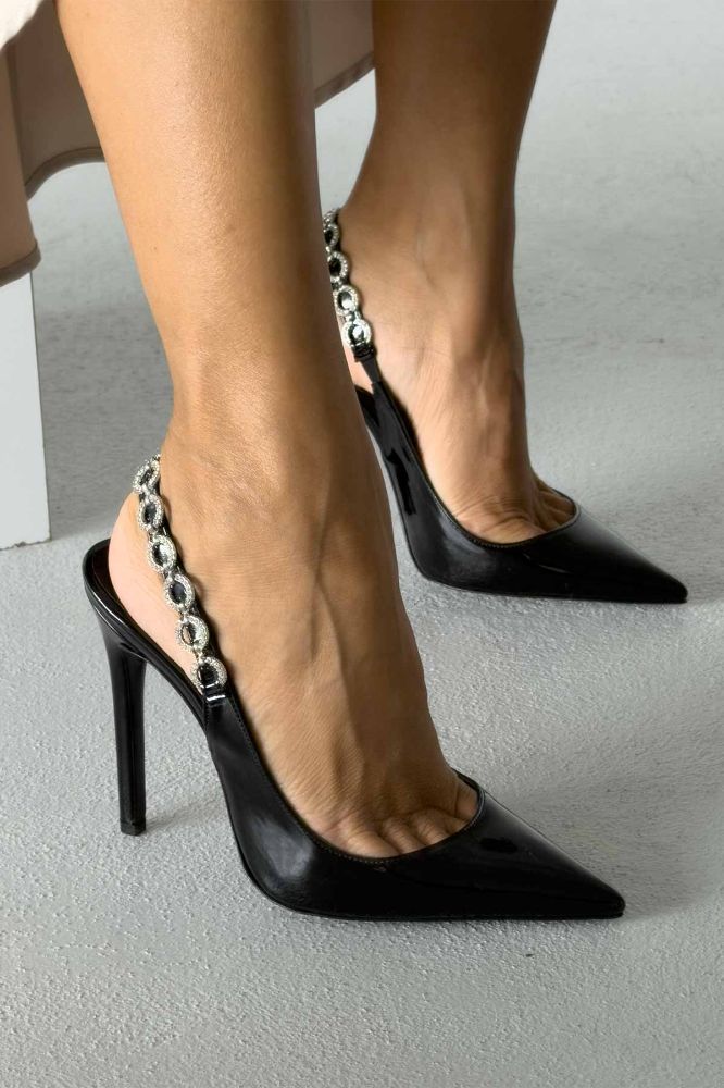 Reiko Taş Detaylı İnce Topuk 12 Cm Siyah Rugan Stiletto resmi