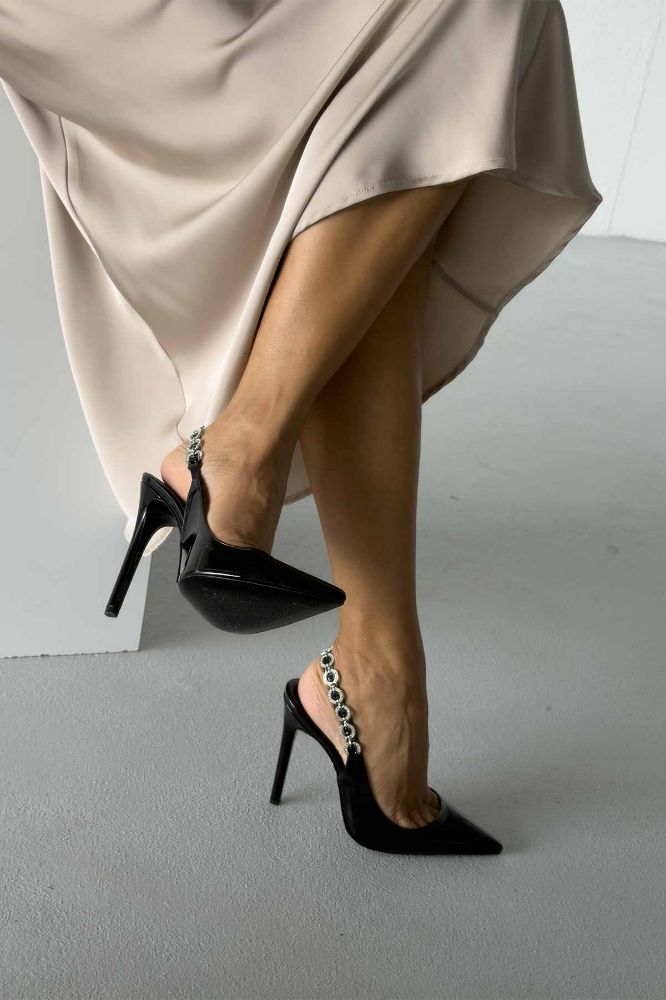 Reiko Taş Detaylı İnce Topuk 12 Cm Siyah Rugan Stiletto resmi