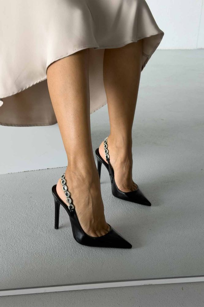 Reiko Taş Detaylı İnce Topuk 12 Cm Siyah Rugan Stiletto resmi