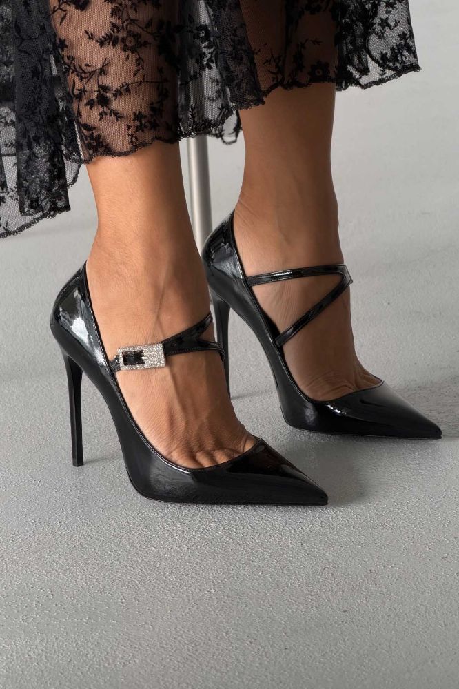 Magi Taşlı Toka Detaylı İnce Topuk 12 Cm Siyah Rugan Stiletto resmi