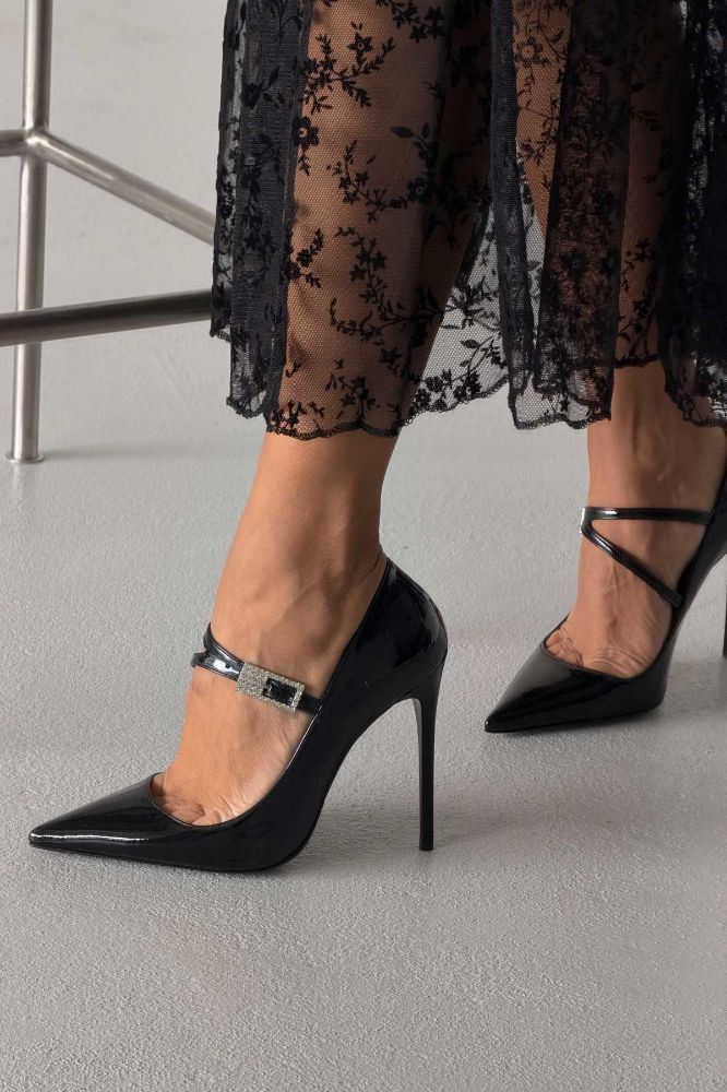 Magi Taşlı Toka Detaylı İnce Topuk 12 Cm Siyah Rugan Stiletto resmi