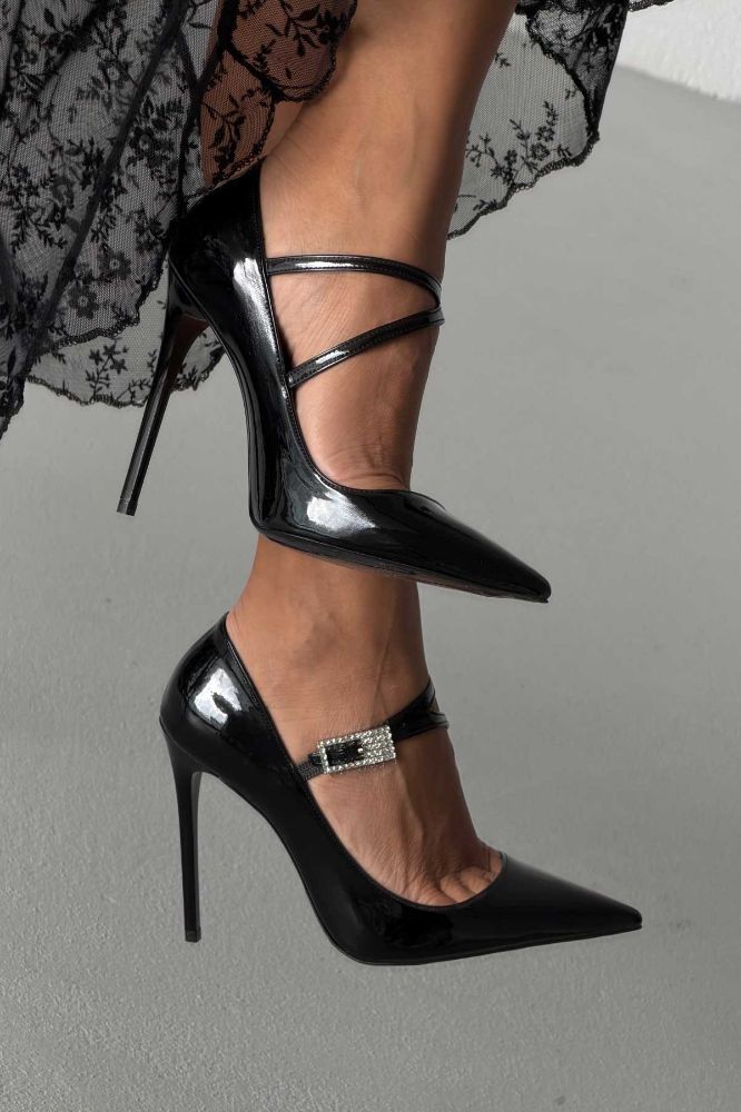 Magi Taşlı Toka Detaylı İnce Topuk 12 Cm Siyah Rugan Stiletto resmi