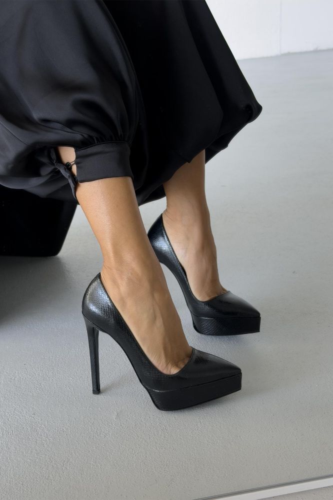 Coax İnce Topuk 13 Cm Siyah Yılan Desenli Platform resmi